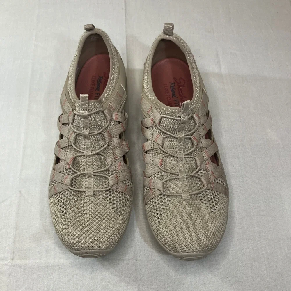 Skechers Relax Fit Luxe Foam Taupe Pink Bungee Slip On Sneakers 49589 Womens 9.5